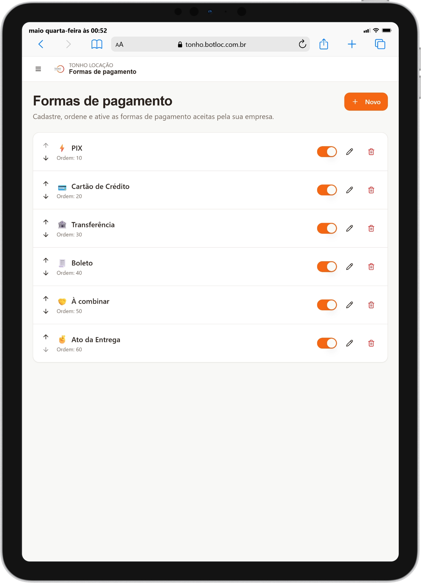 Painel administrativo no iPad