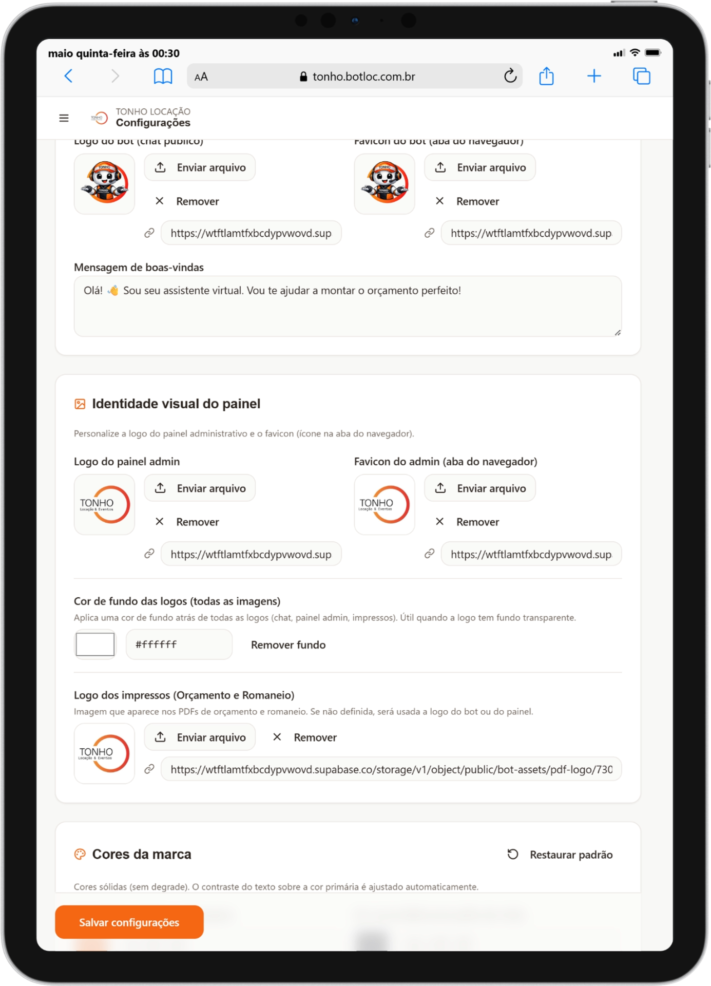 Personalização do painel no tablet