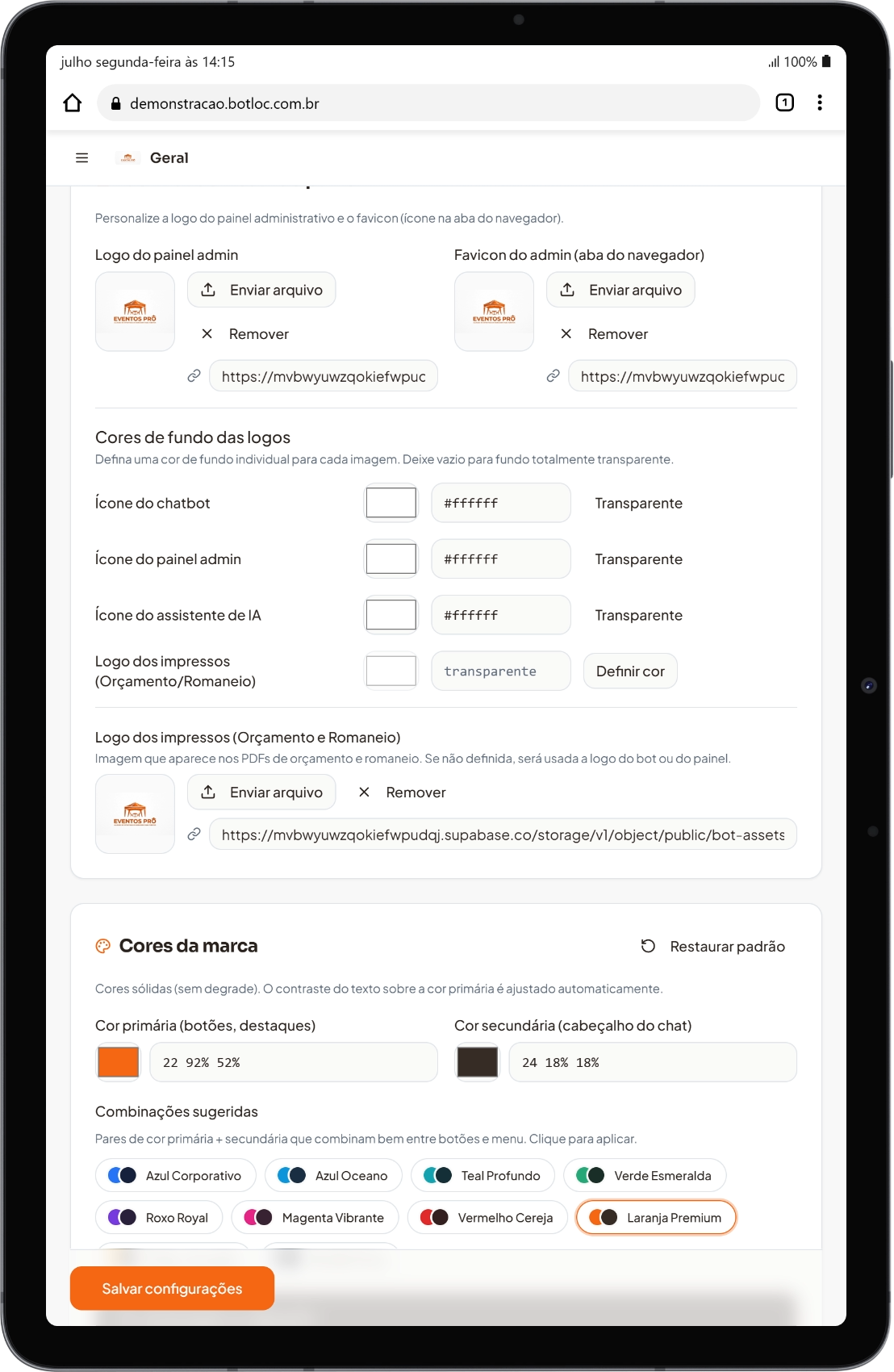 Personalização do painel no tablet